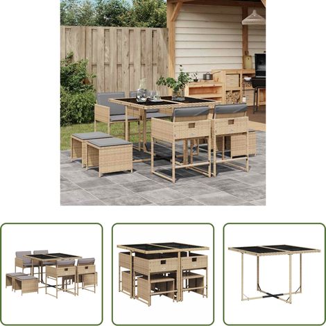 vidaXL Set comedor de jardín 9 pzas con cojines ratán sintético beige (1/5)