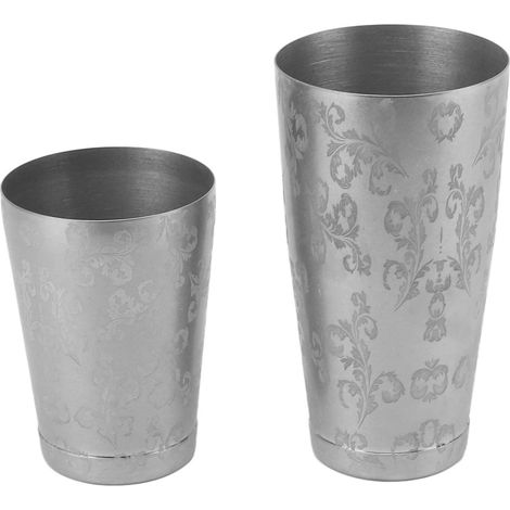Shaker à cocktails en acier inoxydable, style Boston, avec motif feuille et ligne de fond, idéal pour mélanger les boissons à la maison. (1/5)
