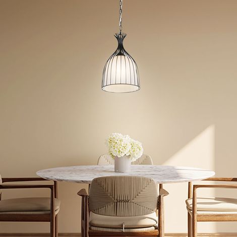 Pendelleuchte schwarz Flur Hängelampe Glas Esszimmer Deckenlicht schwarz, Käfig Design opal weiß, 1x E27, DxH 23 x 150 cm