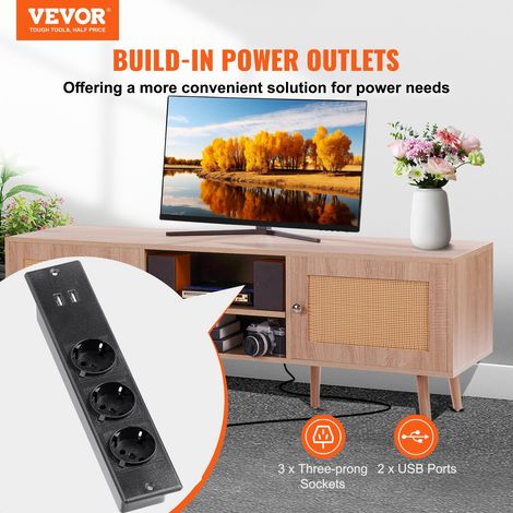 Meuble TV en Rotin pour Téléviseur 165 cm Banc TV avec Prise Intégrée Chêne (1/5)