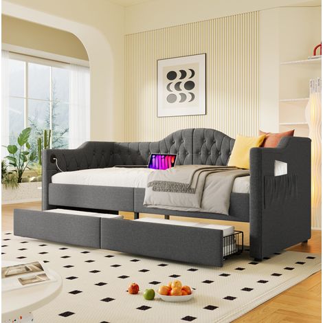 Cama con almacenaje USB y 2 cajones lino gris 90x200 OKMYHOME (1/5)