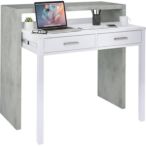 Dmora Table console Billings, Bureau avec plateau extensible, Bureau PC avec 2 tiroirs, cm 99x36h88, Ciment et blanc, avec emballage renforcé