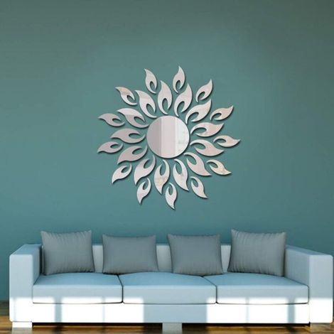 3D Miroir de Tournesol Stickers muraux Rond Acrylique Salon Chambre TV Fond Stickers muraux Salle de Mariage entrée décor à la Maison (Argent) (1/5)