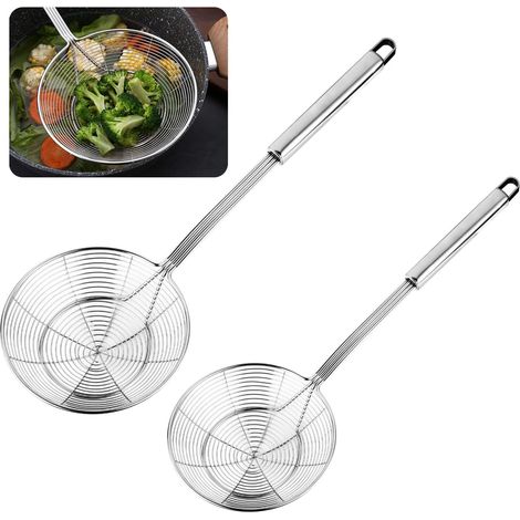 Écumoire inox 2 pièces, cuillère à fil d'acier avec manche pour pot, friture, nouilles et filtrage d'huile. (1/5)