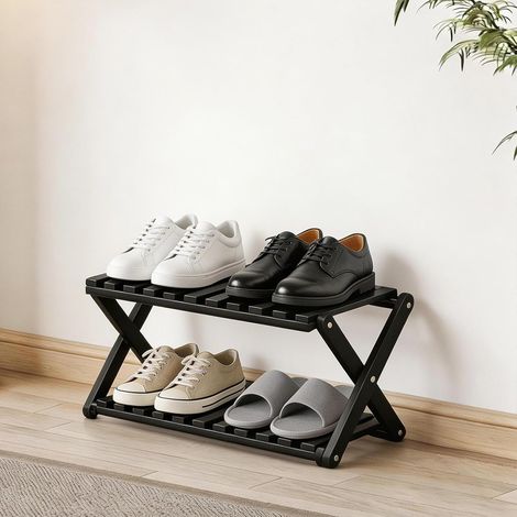 Étagère à chaussures pliable noire à 2 niveaux sans installation, organiseur de rangement en bambou robuste pour entrée, placard et petits espaces, support de rangement pour chaussures peu (1/5)
