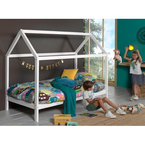 Lit cabane 90x200 avec matelas pin massif blanc Kali (1/3)