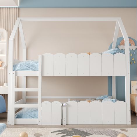 Letto a castello bambini 90x200 cm a forma di casetta con sponda di sicurezza, in legno bianco, materasso non incluso (1/5)