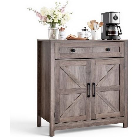 Küchenschrank, Sideboard mit Schublade & 2 Scheunentüren, Buffetschrank für Wohnzimmer, Esszimmer Eingangsbereich, Flur, Küche, 75x37,5x80 cm, Landhausstil, Grau (1/5)