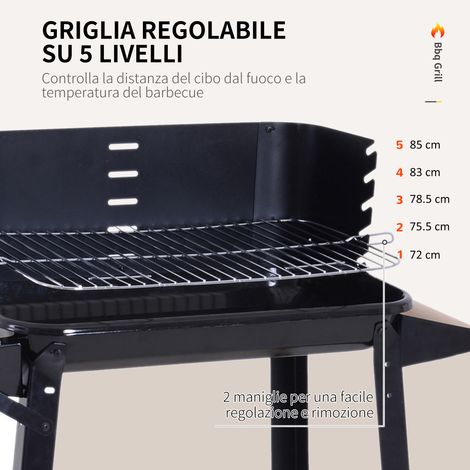 Barbecue charbon de bois noir avec grille ajustable, tablettes latérales et roues, 83x37x87 cm (1/5)