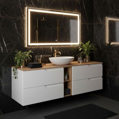 Meuble de salle de bain suspendu 140 cm, blanc et brun, plan de toilette, 4 tiroirs, étagère intégrée, sans vasque – MODERN