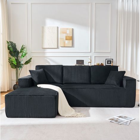 Sofá esquinero modular (235x128x60 cm), con chaise longue, 2 plazas, tejido de pana, negro (1/5)