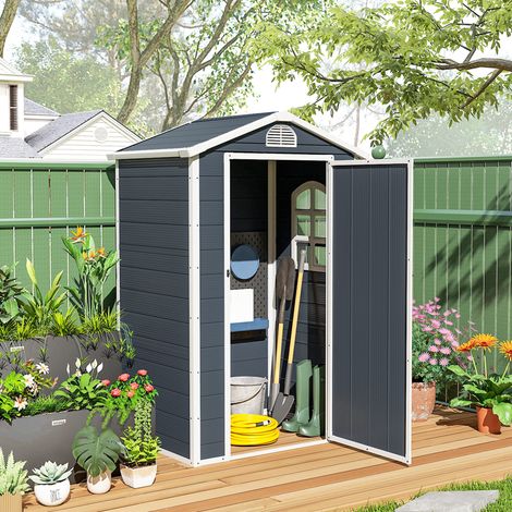 Outsunny Gerätehaus Kunststoff 1,9m² 134x104x204cm Geräteschuppen mit Satteldach Tür wetterfest Gartenhaus Outdoor Garten Schuppen Schrank für Hinterhof Außenbereich Dunkelgrau
