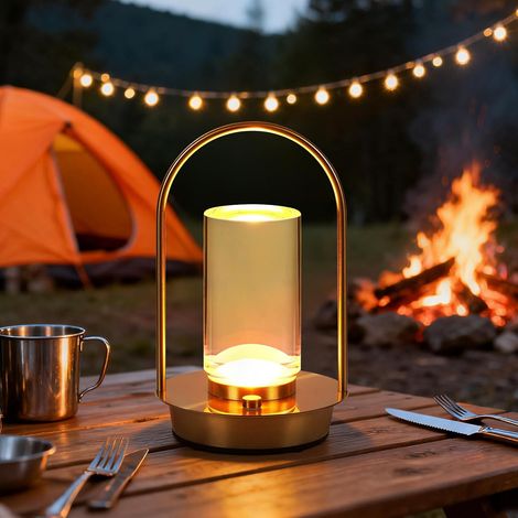 Portable Indoor/Outdoor Crystal Lantern Table Lamp, Small 4000mAh Rechargeable Wireless LED Desk Lamp, Waterproof Shower Light with 3 Dimmable Colors, Gold (1/5)