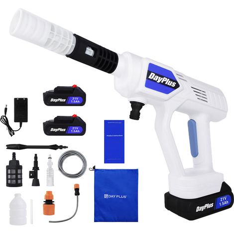 Day Plus – Nettoyeur haute pression électrique portable 21V – Pression 45 bars, débit 270 l/h – Avec 2 batteries lithium-ion – Tuyau de 16 ft