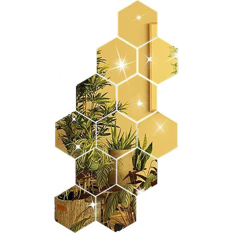 12 Pièces Muraux Autocollant de Hexagone Feuilles de Miroir Auto-adhésives Miroir Acrylique Adhésif Autocollant pour Chambre Salon Salle de Bain Décoration de Bricolage Doré 6.3cm (1/5)