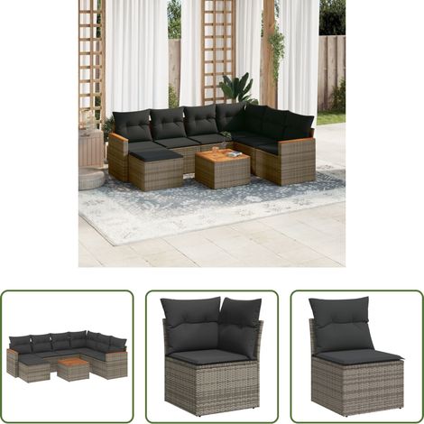 vidaXL Canapé d'angle - Salon de jardin 8 pcs avec coussins gris résine tressée (1/5)