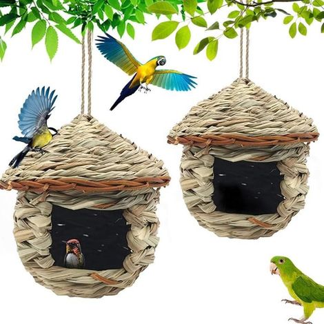 KLVGTIFS PU - Nichoir tissé à la main - Lot de 2 - Nid d'oiseau fait main - Nichoir suspendu - Convient aux petits oiseaux - 15 x 15 cm (1/5)