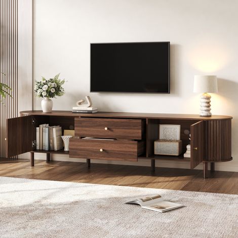 Tkopy - Meuble tv 180 cm longueur, table television salon, meuble tv avec rangement, avec portes coulissantes et deux tiroirs,meuble TV 180x40x58 cm, meuble bas de forme ovale, couleur noyer (1/5)