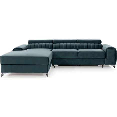 Canapé d’angle convertible GRENKY en velours avec coffre et têtières réglables – 278cm angle gauche-Bleu canard-angle gauche (1/5)