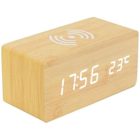 BARKBUSTERS Thermomètre Numérique Réveil Réveil Numérique Bois Réveil À Bois LED Digital avec Chargeur sans Fil, Réveil en Bois avec Chargeur À Induction (1/5)