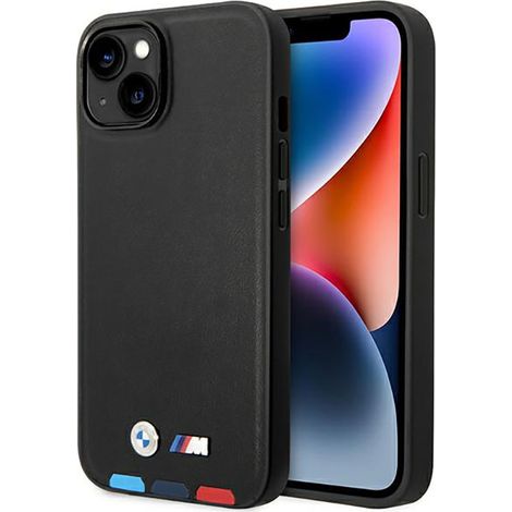 Étui BMW en cuir estampé à chaud tricolore MagSafe pour iPhone 14 Plus (noir) (1/4)