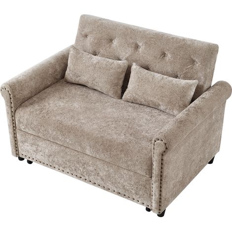 Schlafsofa 2-Sitzer mit 3-Fach Verstellbarer Rückenlehne, Ausziehbares Gästebett, mit 2 Kissen, Chenille Braun Grau (1/5)