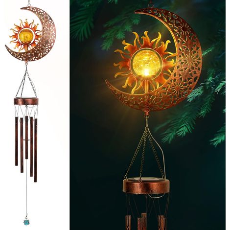 Carillon solaire soleil et lune, carillon d'extérieur avec boule en verre craquelé et crochet en S, cloches tubulaires en aluminium pour la décoration de terrasse et de maison, bronze rouge (1/5)