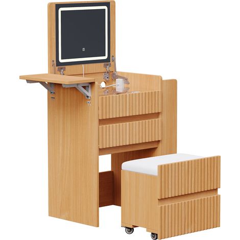 Coiffeuse compacte avec miroir LED rabattable, 2 prises, ports USB & Type-C, tabouret à roulettes, 3 tiroirs et plateau latéral pliable, 79 x 120 x 40 cm (1/5)