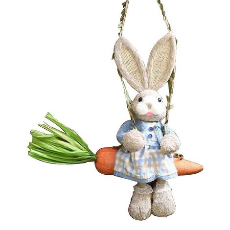Figurine de lapin de Pâques en paille, lapin en paille sur une balançoire en carotte, A-- (1/5)