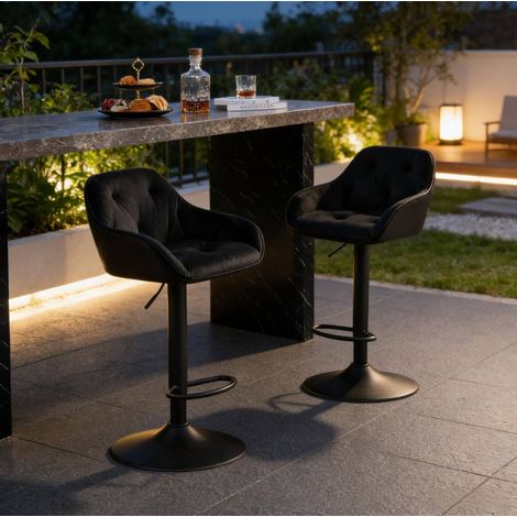 Tabouret de bar en métal et velours noir, réglable, pivotant 360°, avec accoudoirs (1/5)