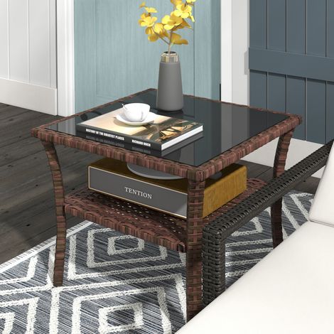 Table Carrée Rotin Pe Jardin Plateau Cadre Charge Aménagement Extérieur Verre Acier Marron 30 kg 50x50x45cm