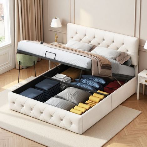 Cama con Cofre 160x200 cm - TANANT - Terciopelo Beige - Espacio de almacenamiento integrado - Diseño moderno - 2 plazas (1/5)