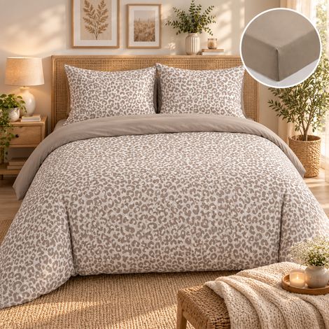 Parure de lit 240 x 220 cm 100% coton WILD + drap-housse 140 x 190 cm Beige (1/5)
