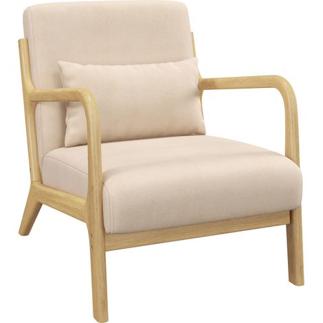 Lounge-Sessel – inklusive 3 Kissen – tiefe Sitzfläche – Armlehnen – Gestell aus Gummibaumholz – beigefarbener Samtbezug