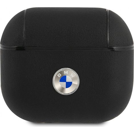 Étui BMW BMA3SSLBK pour AirPods 3, noir/noir, en cuir véritable avec logo argenté