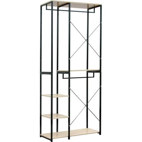 WOLTU Extra Large Clothes Rail Coat Stand Rack Storage Shoe Rack Shelves Black Black + Light Oak