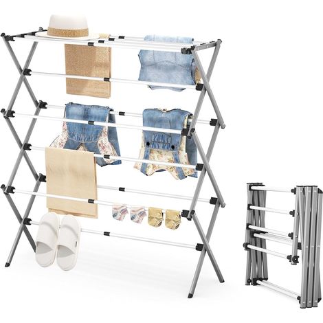 Etendoir Linge Interieur 3 Niveaux Pliable - Sechoir a Linge Extensible et Gain de Place - Métal Durable pour Intérieur/Extérieur (Gris-blanc)