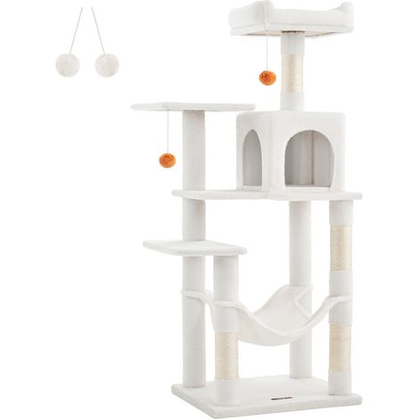 Feandrea – Arbre à chat multi-niveaux 143 cm – 4 poteaux à griffer en sisal – 2 plateformes et 1 niche en tissu peluche – 2 pompons inclus – Blanc crème (1/5)