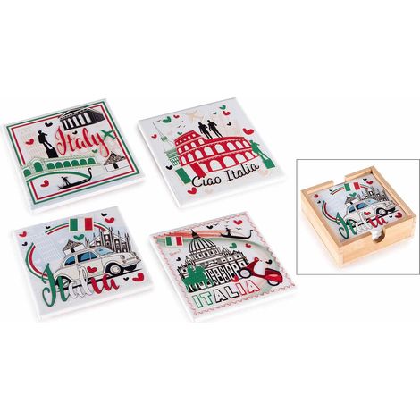 Sottobicchieri souvenir Italia in ceramica impilati in scatola in legno da 4 pezzi, set da 3 pezzi, Sottobicchiere: 10 x 10 H