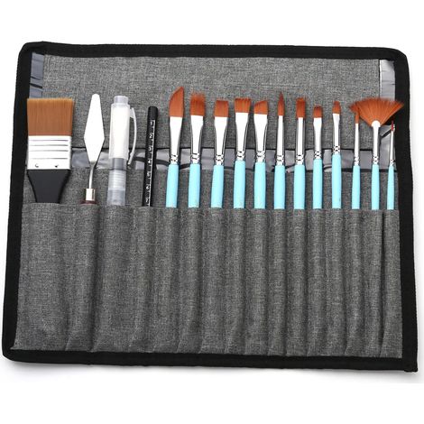 Set de dix huit pinceaux artiste avec raclette manche bois poils nylon pour aquarelle acrylique huile gouache