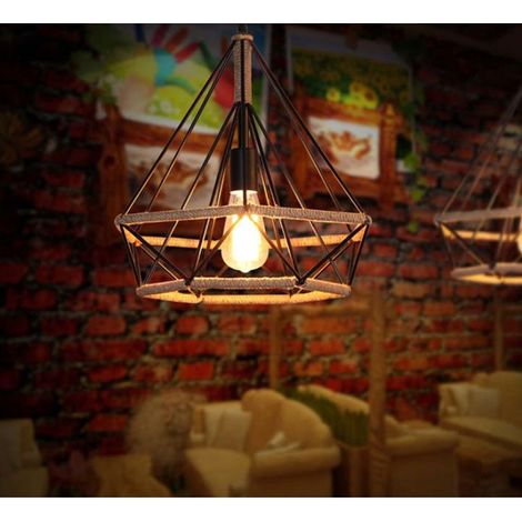 – Lustre suspension industrielle cage diamant E27 25cm – Corde de chanvre – Luminaire anti-corrosion pour espaces modernes (1/5)