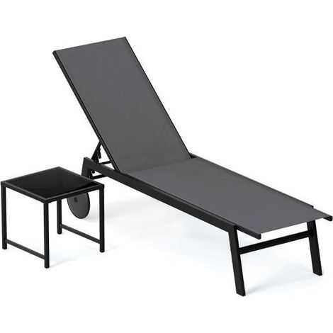 Chaise longue grise avec dossier réglable à 6 positions, roulettes et table d'appoint en verre trempé pour jardin et piscine (1/5)