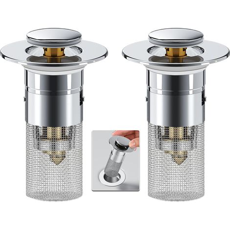 Lot de 2 bouchons de lavabo avec filtre à cheveux intégré, crépine et filtre escamotable avec panier amovible en acier inoxydable, pour remplacer les bouchons de lavabo américains.