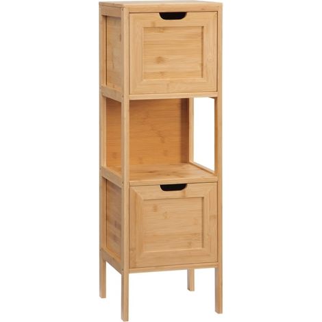 Meuble de salle de bains en bambou naturel, doté d'une étagère et de deux tiroirs de rangement. Dimensions : 30 x 30 x 90 cm