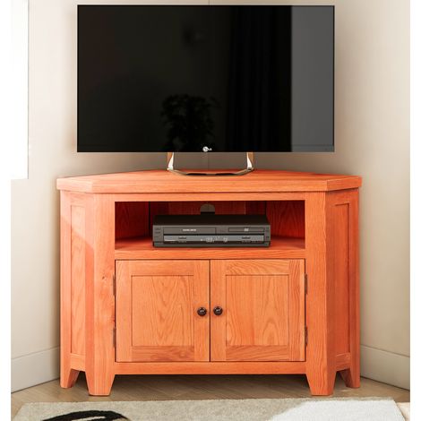 Hallowood Furniture Cotswold Oak Corner TV Unit with Cable Hole and Storage Cupboard, 2-Door Solid Wooden Medium Oak TV Stand Cabinet with 1 Shelf, Corner Unit for Living Room or Bedroom (1/5)