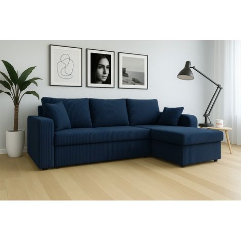 Tendencio – Canapé d'angle convertible en velours côtelé bleu – 235 cm – Surface de couchage 200 x 130 cm – Coffre de rangement intégré