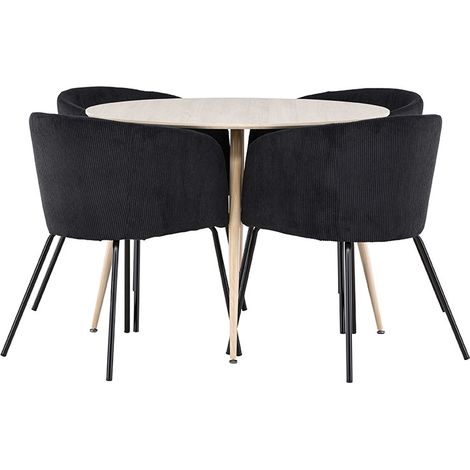 Plaza ensemble pour salle à manger table Ø100cm et 4 chaises velours avec accoudoirs whitewash. (1/5)