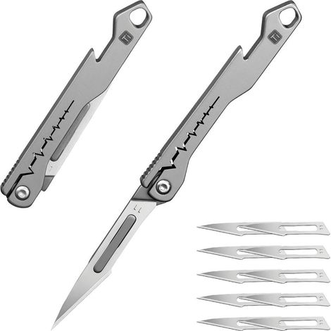 Mini Klappmesser Titan mit Flaschenöffner, 10 Ersatzklingen, EDC Taschenwerkzeug