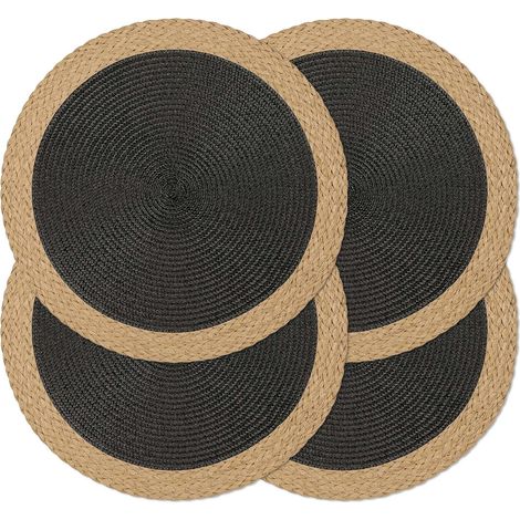 Lot de 4 Sets de Table Ronds tressés à la Main, résistants à la Chaleur, antidérapants, faciles à Nettoyer pour Cuisine, Salle à Manger, intérieur et extérieur (Noir, 4)'Bord Large Marron, Noir Lot de (1/5)