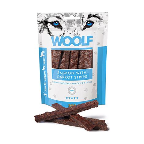 Biscotti per cani Woolf, strisce, salmone e carota, taglie mini, medie e maxi, 100 g